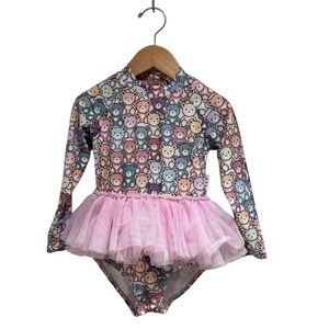 Huxbaby Multicolor Bear Print Rashguard Swimsuit with Pink Tutu - size 3